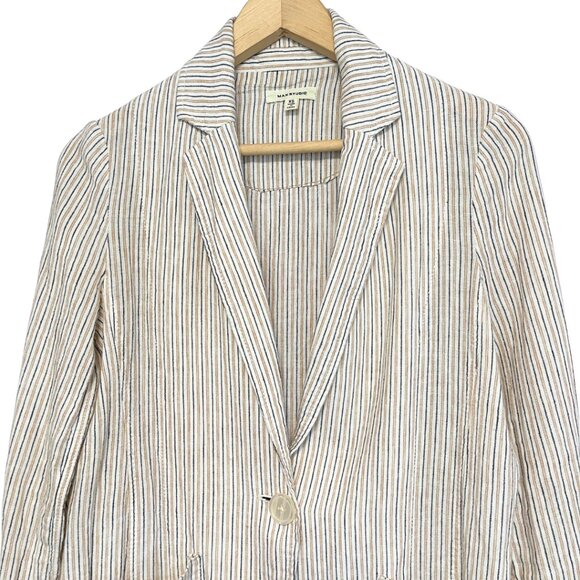 Max Studio Linen Blend Blazer Jacket Womens XS Tan Stripe Lightweight Minimalist - Picture 2 of 9
